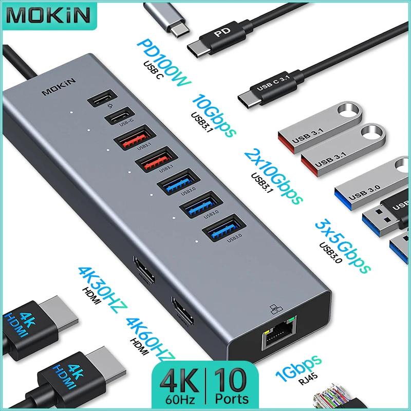 MOKiN 10 in 1 ŷ ̼ - MacBook Air/Pro, iPad, Thunderbolt ƮϿ USB3.0/Type-C 3.1/HDMI 4K60Hz/PD 100W/RJ45 1Gbps